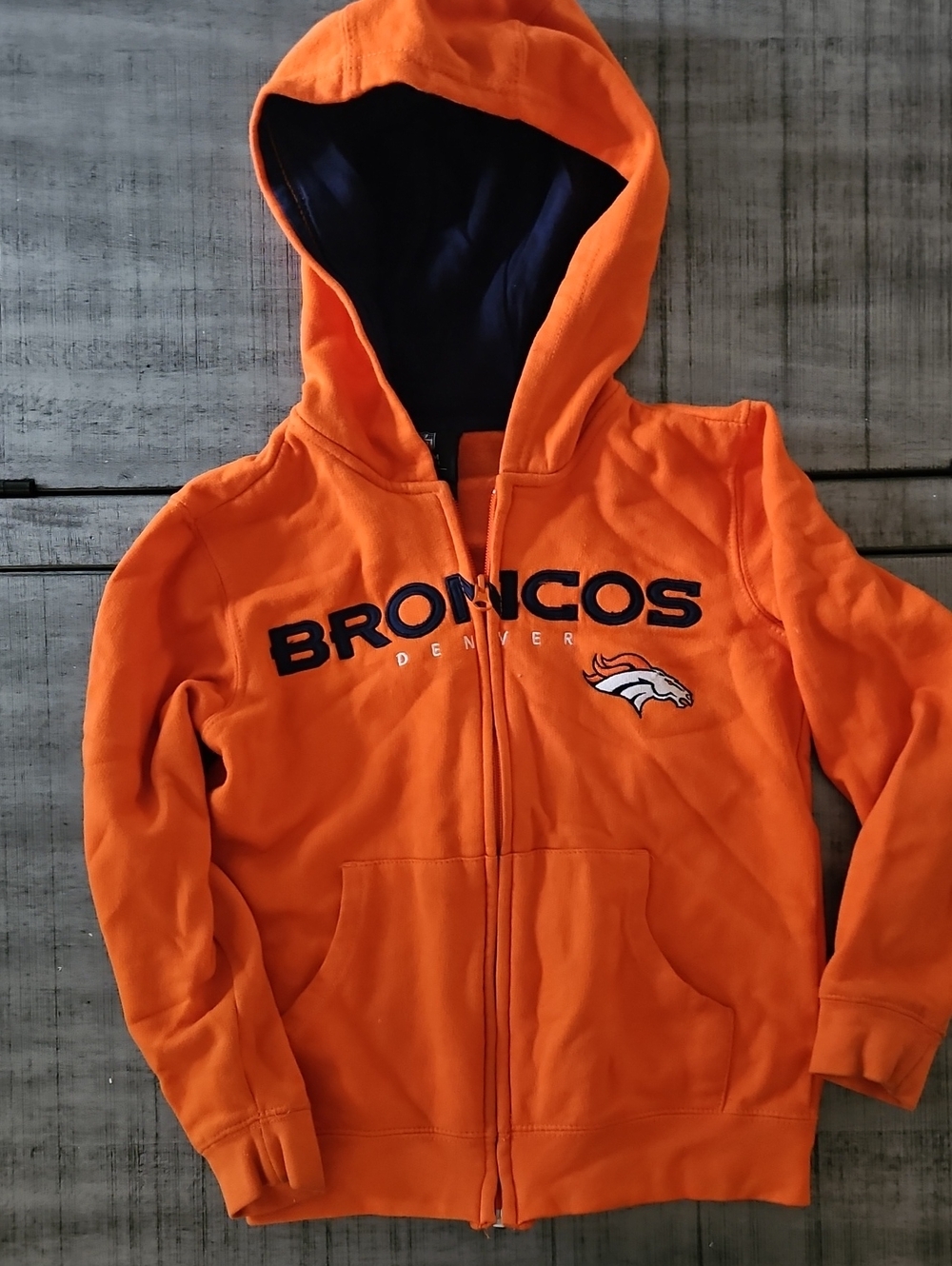 NFL Youth Orange Broncos Zip-Up Hoodie with Navy Lining